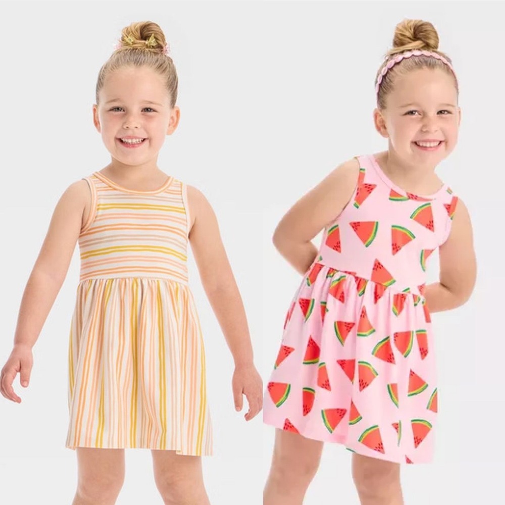 LOT of 2 Cat & Jack Girls 5T Sleeveless Summer Dress Watermelon & Stripes Orange